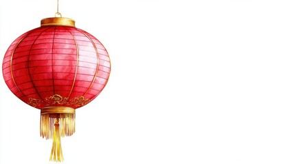 Fototapeta premium Chinese New Year Lantern Watercolor Illustration. Closeup of a single red lantern in watercolor, decorated with golden tassels, symbolizing Chinese New Year luck