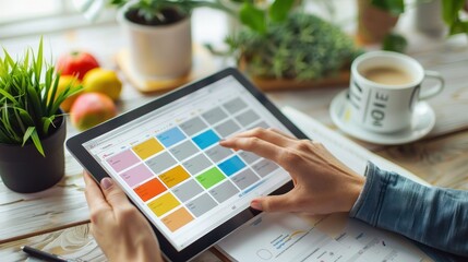 A social media manager using a tablet to plan and schedule branded content, with a content calendar and brand voice guidelines visible