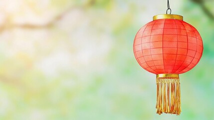 Obraz premium Chinese New Year Lantern Watercolor Illustration. Closeup of a single red lantern in watercolor, decorated with golden tassels, symbolizing Chinese New Year luck