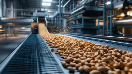 Obraz premium Shelled peanuts traveling along a conveyor belt in a modern processing plant, representing efficiency and production