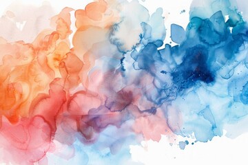 Fototapeta premium Abstract watercolor painting with flowing translucent shapes in blue, pink, and yellow on a white background. Ideal for creative design and modern print projects. Generative AI