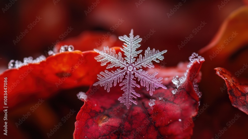Poster A Delicate Snowflake Resting on a Red Leaf