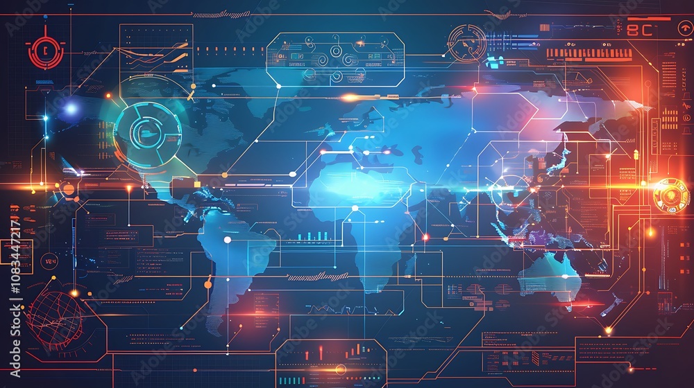Poster digital illustration of a world map with technological interface and circuits symbolizing global con