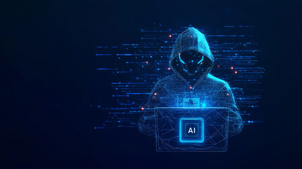 Digital AI Technology Concept. An abstract illustration of a hooded figure hacking into an AI system, symbolizing the growing threat of AI-powered cyberattacks. Generative AI Content