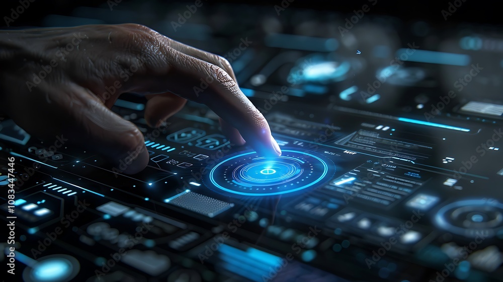 Poster finger interacting with a futuristic digital interface, highlighting the power and immediacy of mode