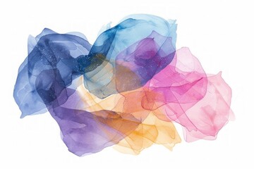 Obraz premium Abstract watercolor composition with overlapping translucent shapes in blue, purple, pink, and yellow tones on a white background. Watercolor illustration. Soft and flowing design concept. Generative 
