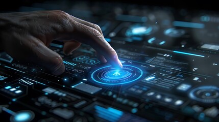 Finger interacting with futuristic digital interface for emphasizing immediacy control innovation user experience and the dynamic power of modern technology connection concept.