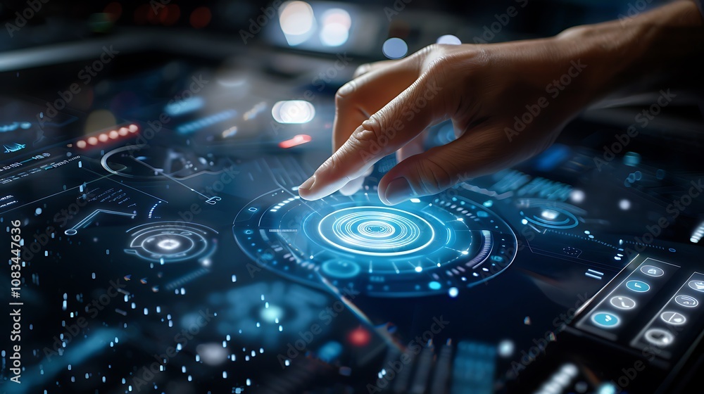 Aufkleber hand interacting with a futuristic technology interface, highlighting the advancements in digital te
