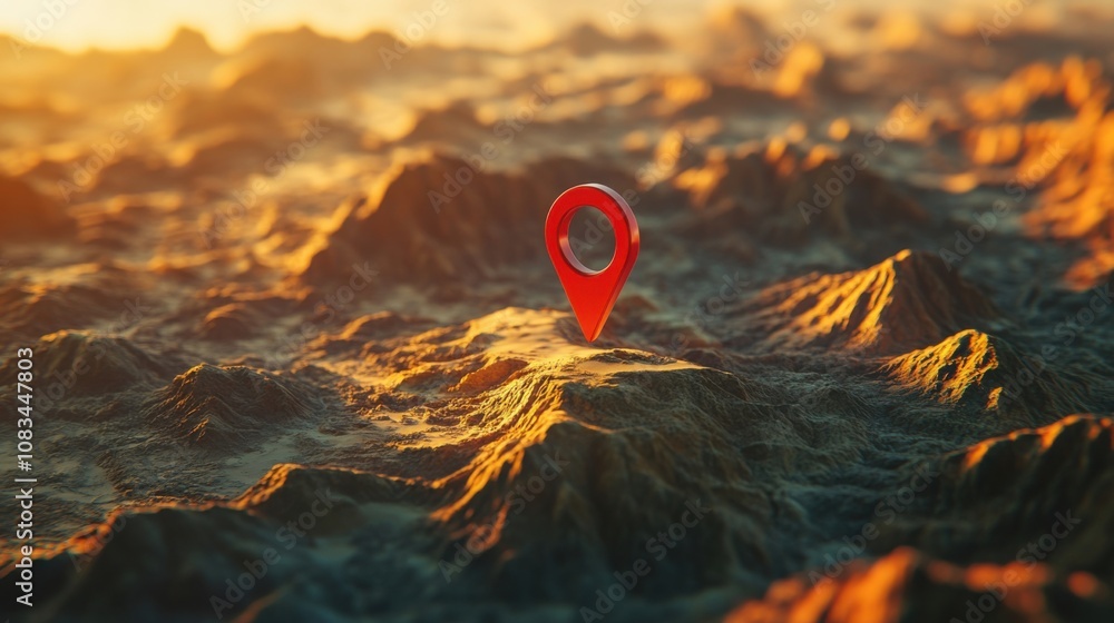 Poster red location pin icon floating above detailed mountain terrain in warm sunlight, symbolizing navigat