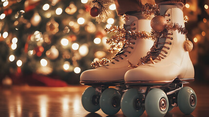 Festive Roller Skates Adorned with Ornaments for a Cheerful Holiday Celebration in a Cozy Atmosphere with a Beautifully Decorated Christmas Tree in the Background
