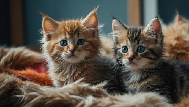 Two adorable kittens, one orange and one gray-and-white, are nestled on a fuzzy blanket.
- Powered by Adobe