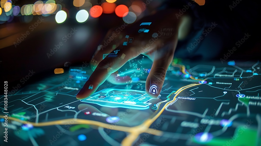 Poster hand interacts with a digital map, navigating through an interactive interface. the map highlights k