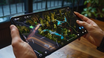 Person is holding a tablet and using a 3D map app shows a detailed view of a city with streets, roads, and buildings. The person is interacting with the app possibly planning a route or navigating.