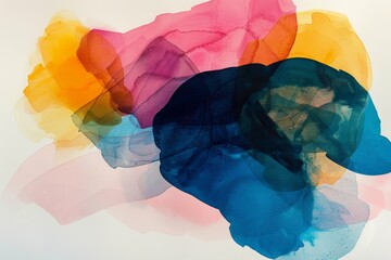 Obraz premium Abstract watercolor composition with overlapping shapes in blue, pink, yellow, and green on a white background. Bold, translucent layers create a dynamic visual with rich color contrasts. Generative 