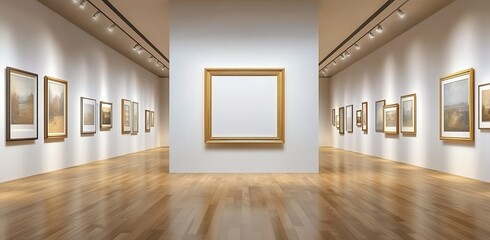 Fototapeta premium A large white wall with an empty gold frame in the center of it 