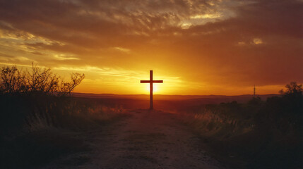 Silhouette of a cross against a glowing sunset, with rich tones and a halo effect highlighting its spiritual symbolism