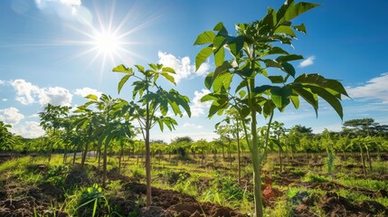 New Growth: A vibrant field of young saplings, their leaves reaching towards the sun, symbolizes hope and renewal.  The clear blue sky and bright sun provide a backdrop of optimism.
