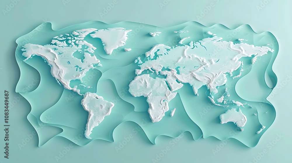 Poster minimalistic white world map rendered in 3d with textured surface for creating contrast and depth on