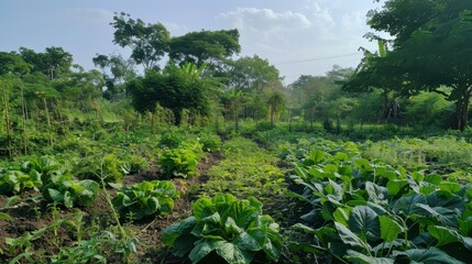 Obraz premium Lush Green Farmland: Tranquil view of a thriving vegetable garden, showcasing rows of leafy greens under a bright sky. This image evokes a sense of peace, tranquility.