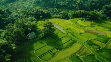 Fototapeta premium Serene Rice Terraces: An aerial view captures the breathtaking beauty of lush green rice terraces, sculpted into the hillside, with a traditional house nestled amongst the vibrant landscape. 