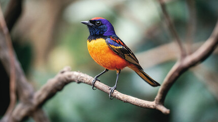 Close-up of a colorful bird perched on a branch, with soft morning light highlighting its delicate details against a blurred background