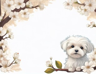 マルチーズと桜　フレーム　イラスト