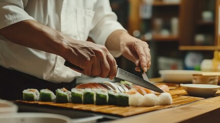 Sushi Chef Expertly Preparing and Cutting Fresh Salmon and Other Fish for Sushi