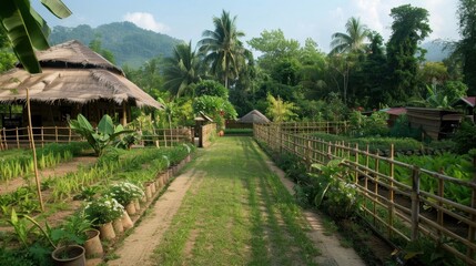 Peaceful Village Retreat: Lush greenery, traditional huts, and a serene pathway create a tranquil escape in a picturesque Asian village.  The image evokes a sense of calm and connection with nature.