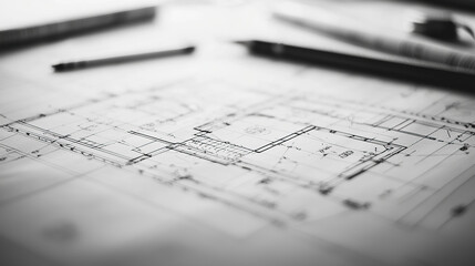 Close-up photo of a pencil on a drawing with technical drawings and mechanical parts in the background