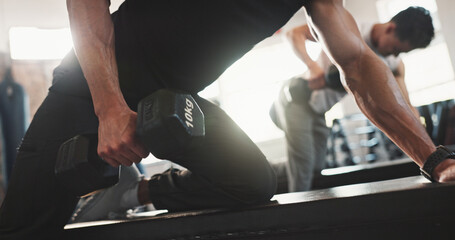Fitness, hands and men in gym with weights for bodybuilding training, exercise and workout. Sports,...