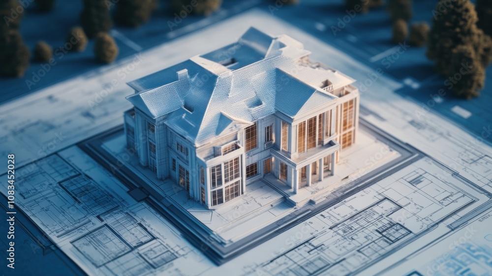 Poster digital model of building design overlaid on blueprints