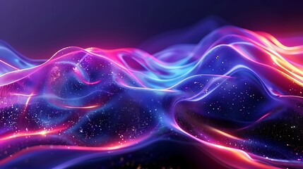 Fototapeta premium A vibrant, abstract representation of flowing waves with neon colors and sparkling elements.