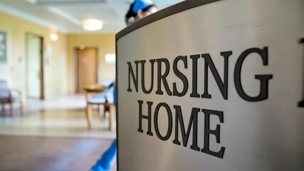 A nursing home scene with a caregiver assisting an elderly resident in a wheelchair.