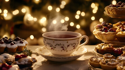 Fototapeta premium Warm Cup of Tea Surrounded by Delicious Holiday Pastries with Soft Bokeh Background and Festive Atmosphere Perfect for Celebrating Christmas and Winter Gatherings