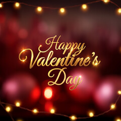 Beautiful golden "Happy Valentine's Day" text on a glowing red background with heart-shaped bokeh and warm lights for a romantic vibe