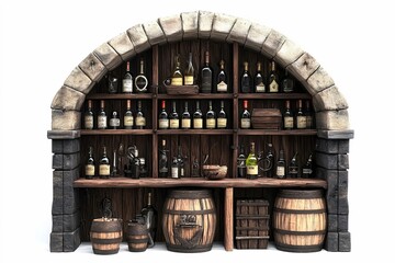 Obraz premium A traditional wine cellar featuring wooden racks brimming with diverse bottles, captured against a white background for an underground ambiance.