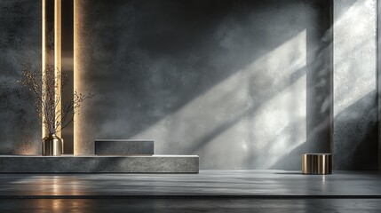 Obraz premium Minimalist interior with sunlight casting geometric shadows.