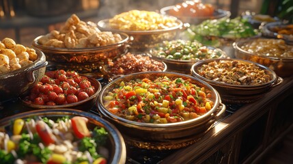 Fototapeta premium Diverse and Delightful Traditional Muslim Feast Spread with Aromatic Dishes Savory Meats and Freshly Baked Breads