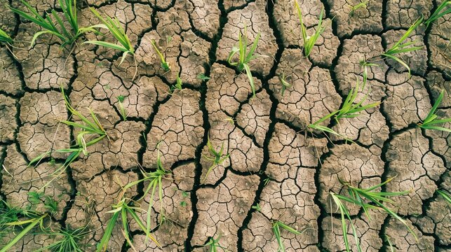 Parched Earth, Resilient Life: Young sprouts bravely emerge from cracked, arid earth, a poignant testament to nature's tenacity and the fight for survival.