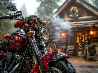 Fototapeta premium Festively Decorated Motorcycle in a Cozy Cabin Scene Surrounded by Holiday Cheer and Nature's Calm, Perfect for Seasonal Celebrations and Outdoor Adventures