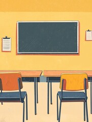 illustration of a classroom featuring desks, chairs, and a chalkboard, perfect for educational materials and school graphics.