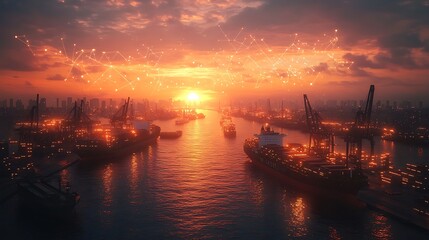 Fototapeta premium Sunset cargo ships loading port city aerial view maritime technology