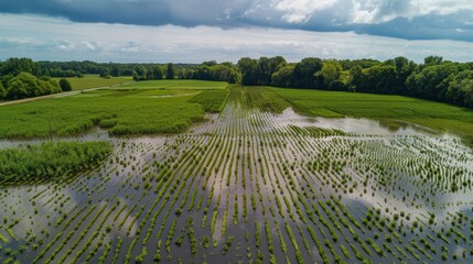 Flooded Fields: A dramatic aerial view captures a flooded field, the rows of crops submerged under water with ominous storm clouds looming in the distance.