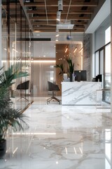 Fototapeta premium Modern office space with white marble flooring.