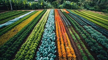 Vibrant Rows of Organic Farm: A breathtaking aerial view showcases meticulously arranged rows of colorful vegetables in a lush, vibrant farm setting, embodying the beauty of sustainable agriculture. 