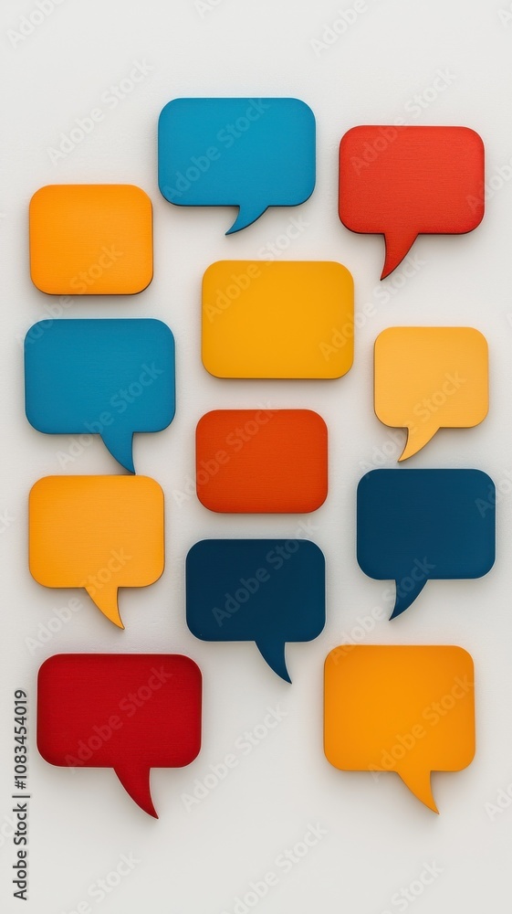 Poster a colorful arrangement of speech bubble shapes in various sizes and colors on a light background, sy