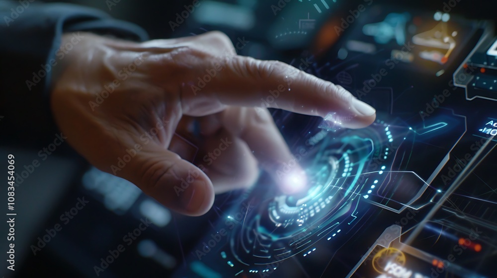 Poster hand interacting with a futuristic interface. the hand is hovering over a glowing circle with blue a