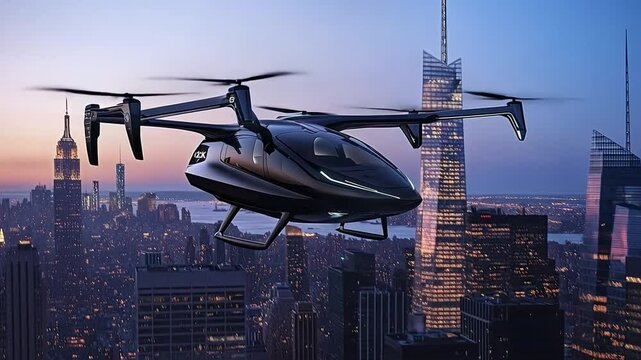 Air Taxi over Manhattan: Futuristic air taxi flying over the iconic New York City skyline at sunset.  A sleek, modern design against a breathtaking backdrop.