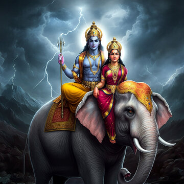 Lord Indra seated on his celestial elephant, Airavata, amidst stormy clouds, exuding power and divine authority as the king of the gods