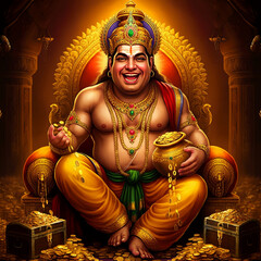 A powerful image of Lord Kubera, the god of wealth, smiling benevolently while holding a pot of gold, seated in a golden celestial palace, emanating abundance and blessings